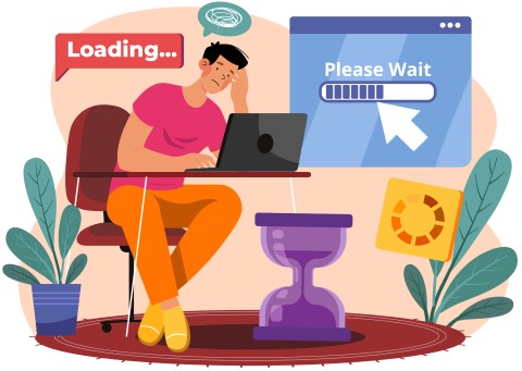 Illustration of a frustrated man sitting at his desk waiting for a website to load